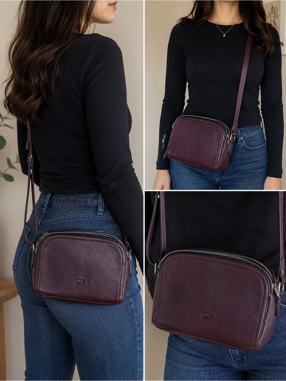 Roots Genuine Leather Crossbody Bag Burgundy Pebbled Leather Double Zip Purse